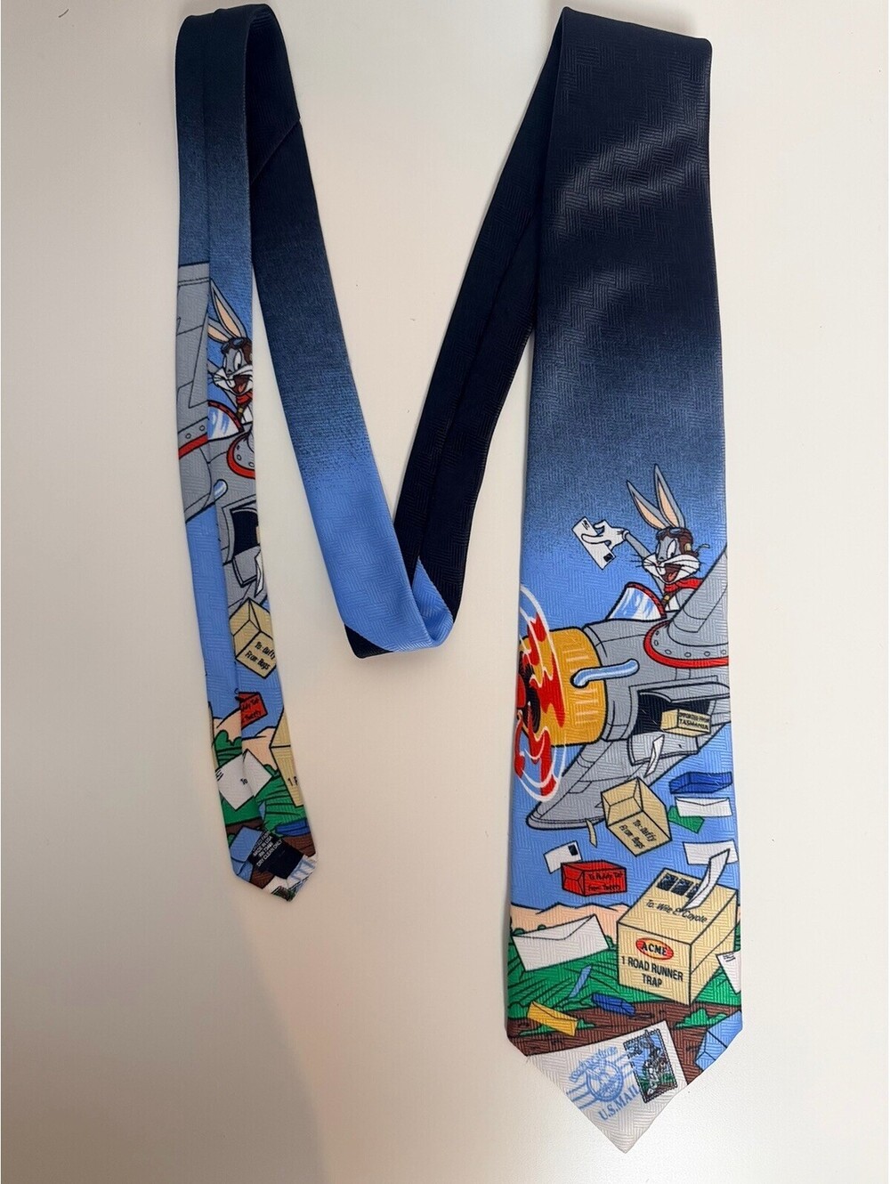 Vtg Looney Tunes Stamp Collection Necktie Flying Bugs Bunny Pilot US Mail
